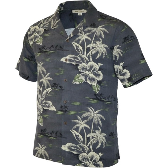 Tommy Bahama Other - Tommy Bahama Mens XL Silk Tropical Palm Trees Gray Cruise Button Down Shirt